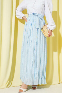 Belted Polka Dot Pleated Skirt Baby Blue