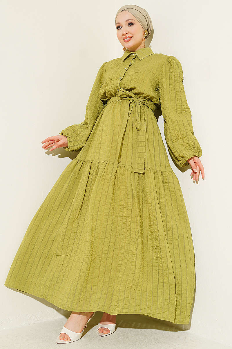 Elastic Waist Balloon Sleeve Pleated Dress Oil Green