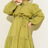 Elastic Waist Balloon Sleeve Pleated Dress Oil Green - Imagen 2