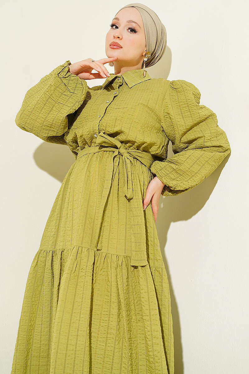 Elastic Waist Balloon Sleeve Pleated Dress Oil Green - Imagen 2