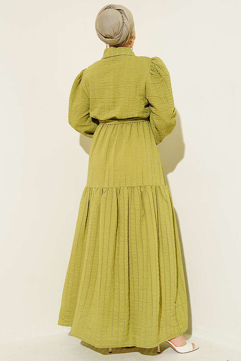 Elastic Waist Balloon Sleeve Pleated Dress Oil Green - Imagen 3