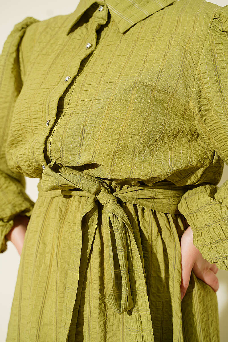 Elastic Waist Balloon Sleeve Pleated Dress Oil Green - Imagen 4