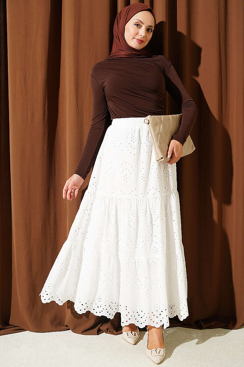 Embroidered Hem Edge Skirt with Elastic Waistband Ecru - الصورة 2