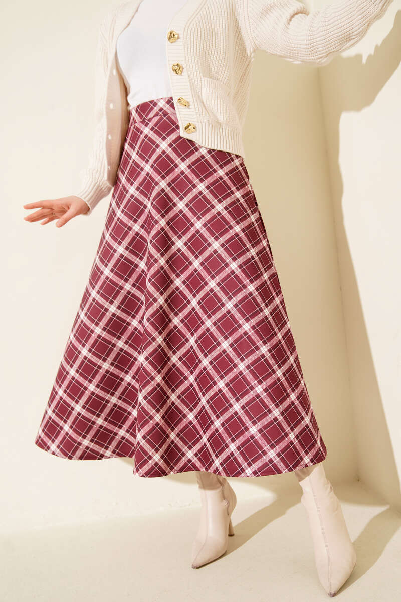 Elastic Waist Plaid Scuba Skirt Rose Dust