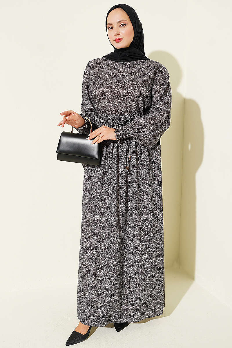 Ethnic Pattern Dress with Elastic Waistband Black