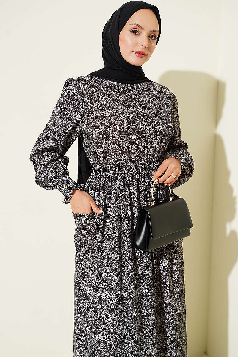 Ethnic Pattern Dress with Elastic Waistband Black - immagine 2