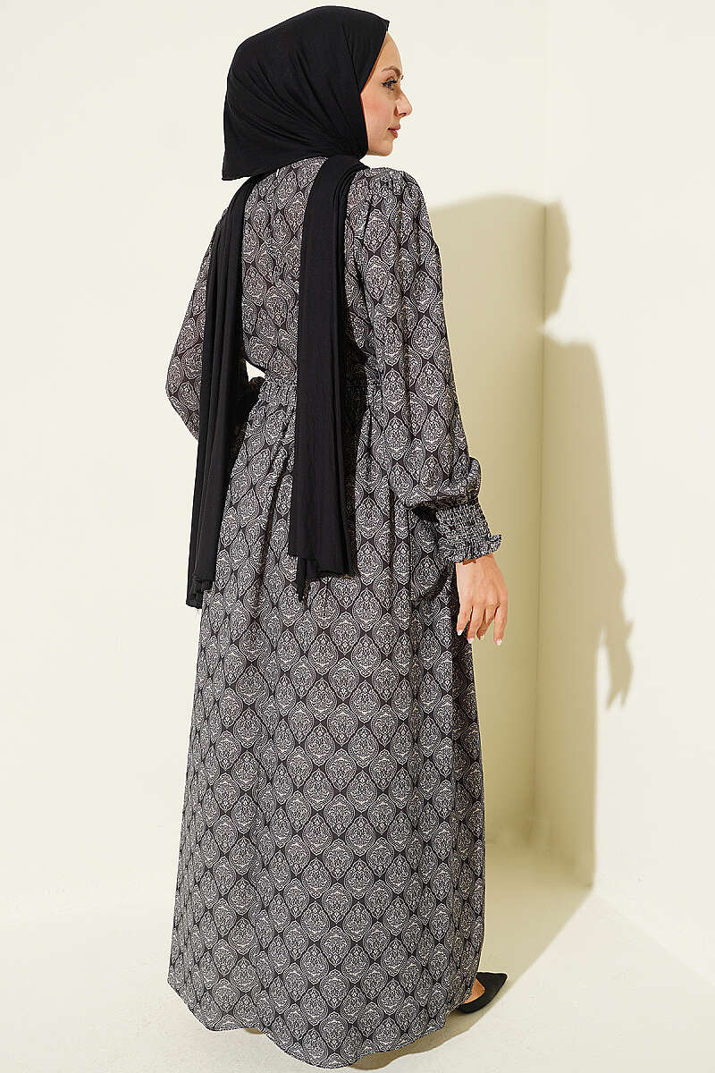 Ethnic Pattern Dress with Elastic Waistband Black - immagine 3