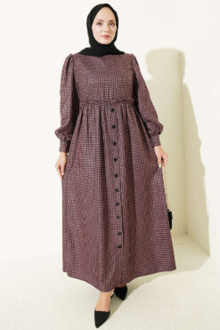 Houndstooth Pattern Dress with Elastic Waistband Rose Dust