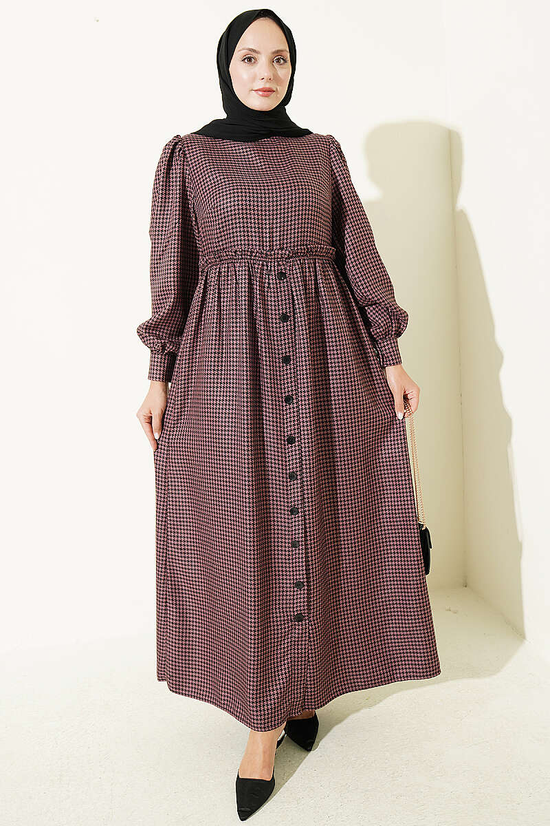 Houndstooth Pattern Dress with Elastic Waistband Rose Dust