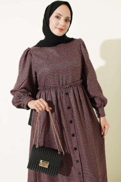 Alternative view of Houndstooth Pattern Dress with Elastic Waistband Rose Dust