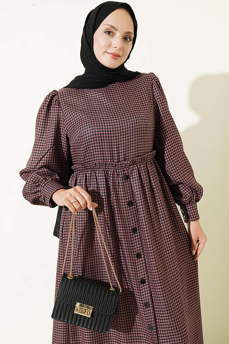 Houndstooth Pattern Dress with Elastic Waistband Rose Dust – Bild 2
