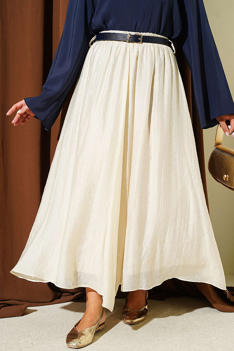 High-Waisted Flared Wool Blend Skirt with Elastic Waistband Beige - Image 5