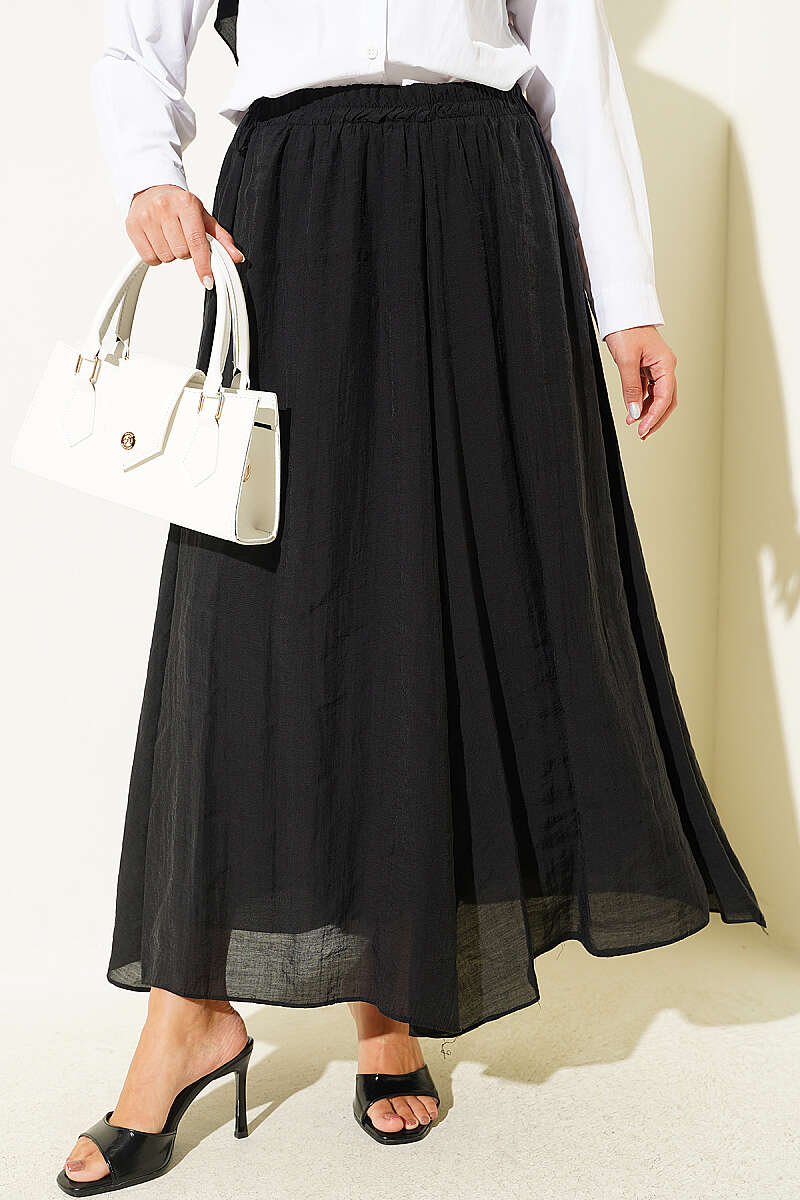 High-Waisted Flared Wool Blend Skirt with Elastic Waistband Black – Image 5