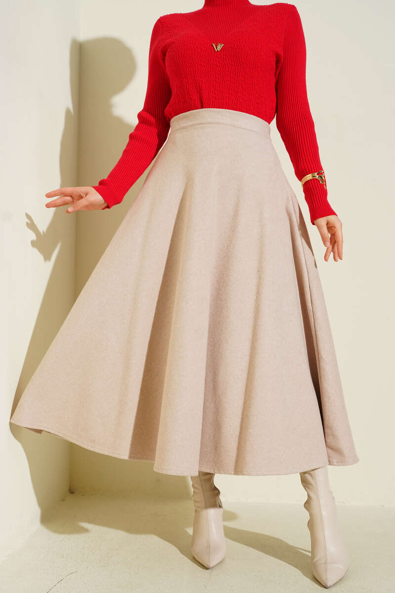High-Waisted Flared Wool Blend Skirt with Elastic Waistband Beige