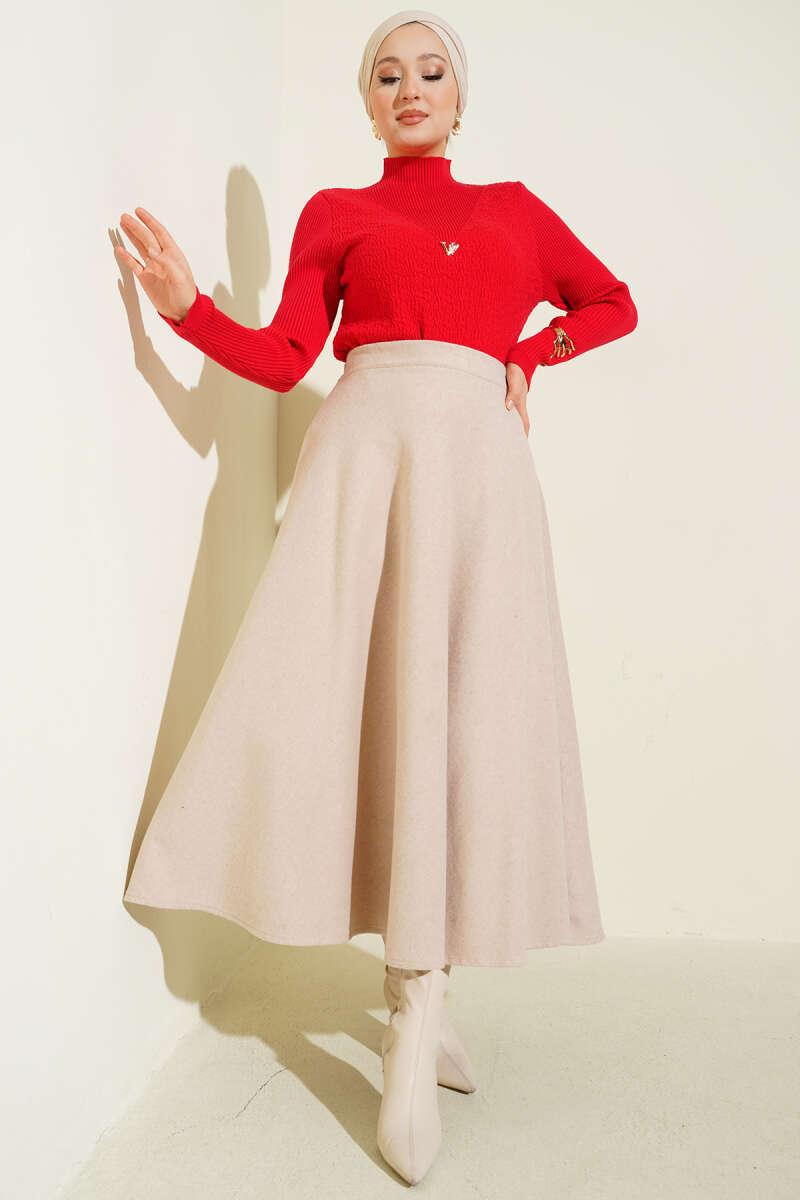 High-Waisted Flared Wool Blend Skirt with Elastic Waistband Beige - Image 2