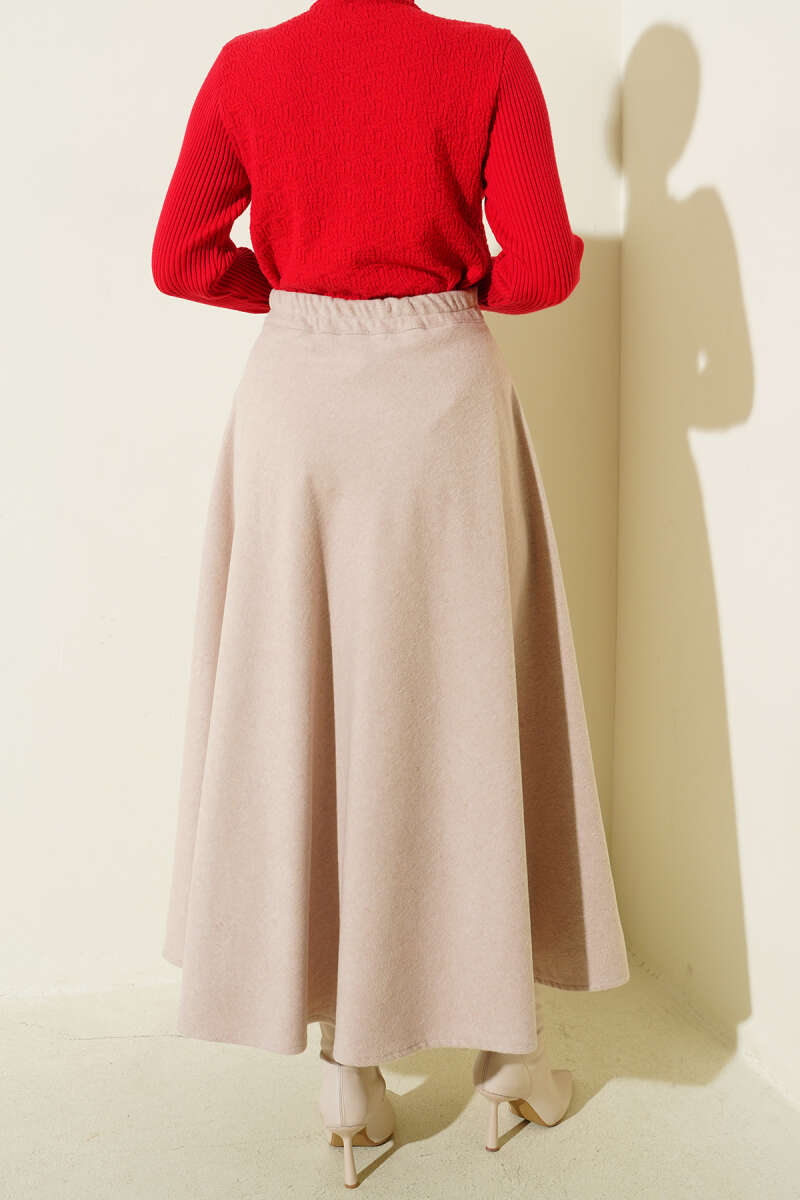 High-Waisted Flared Wool Blend Skirt with Elastic Waistband Beige - Image 3