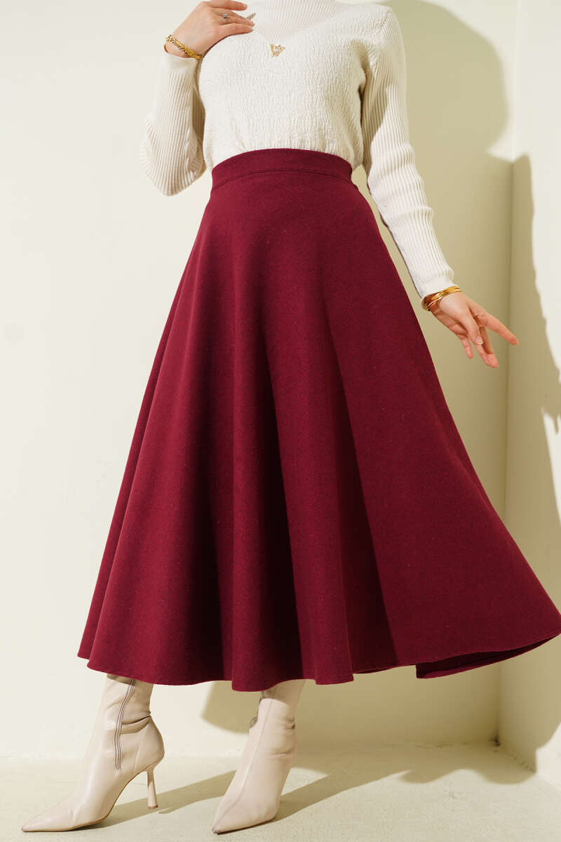 High-Waisted Flared Wool Blend Skirt with Elastic Waistband Burgundy