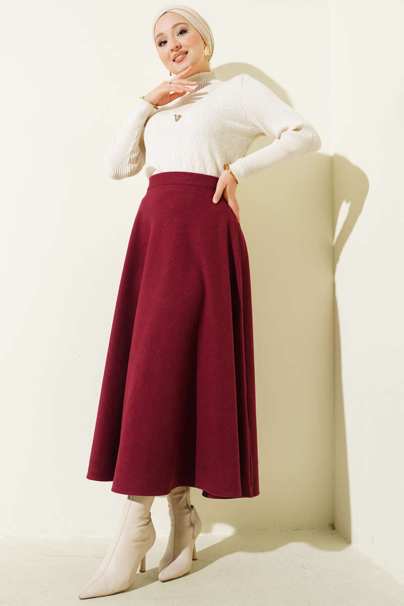 High-Waisted Flared Wool Blend Skirt with Elastic Waistband Burgundy – Bild 2