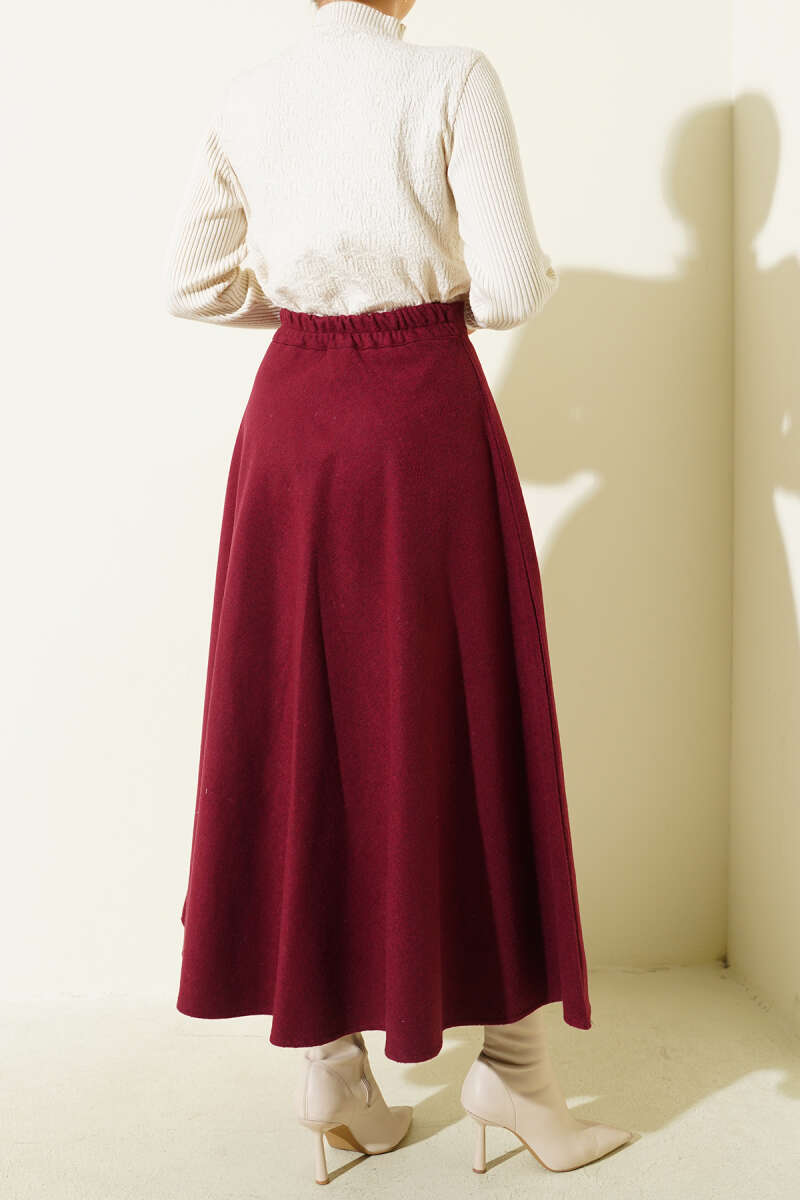High-Waisted Flared Wool Blend Skirt with Elastic Waistband Burgundy – Bild 3