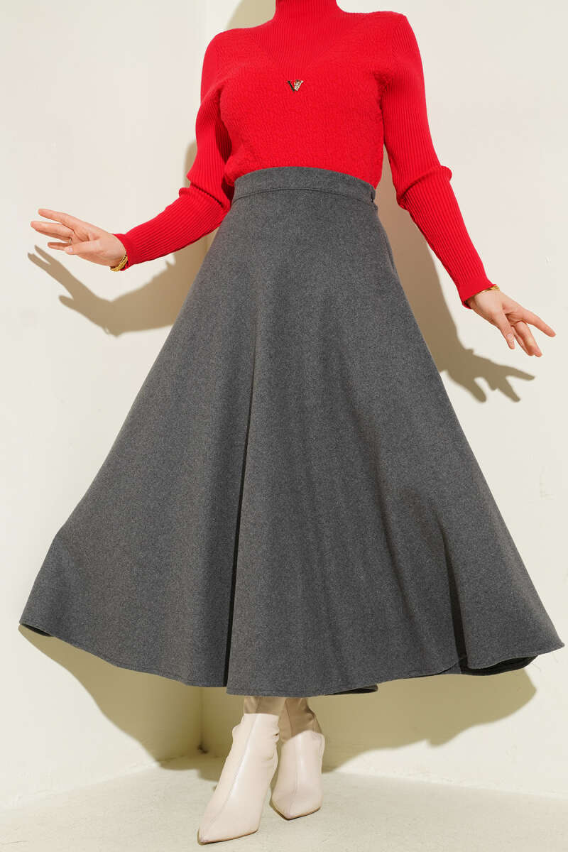 High-Waisted Flared Wool Blend Skirt with Elastic Waistband Smoke