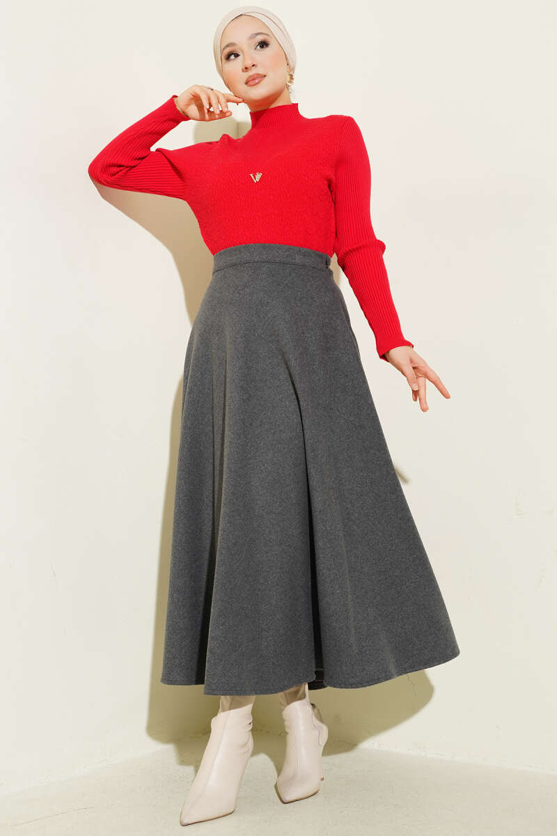 High-Waisted Flared Wool Blend Skirt with Elastic Waistband Smoke - Imagen 2