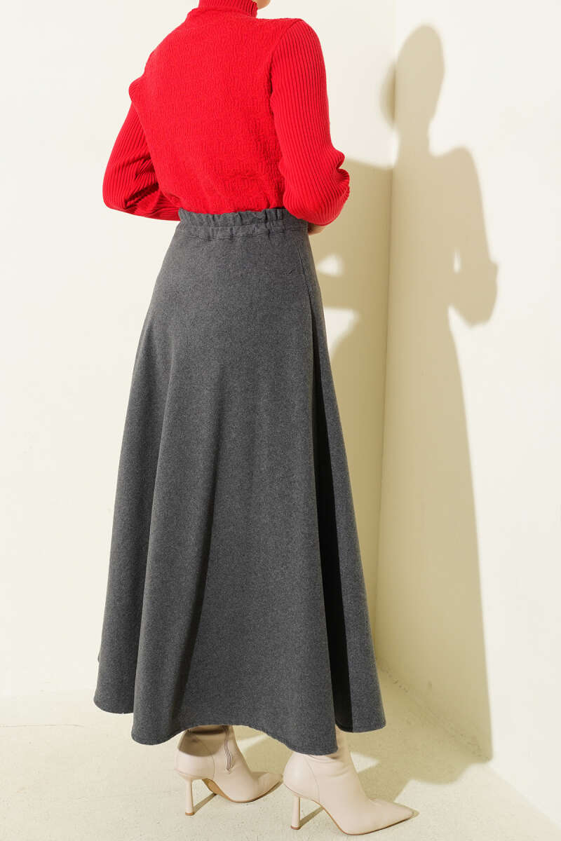 High-Waisted Flared Wool Blend Skirt with Elastic Waistband Smoke - Imagen 3