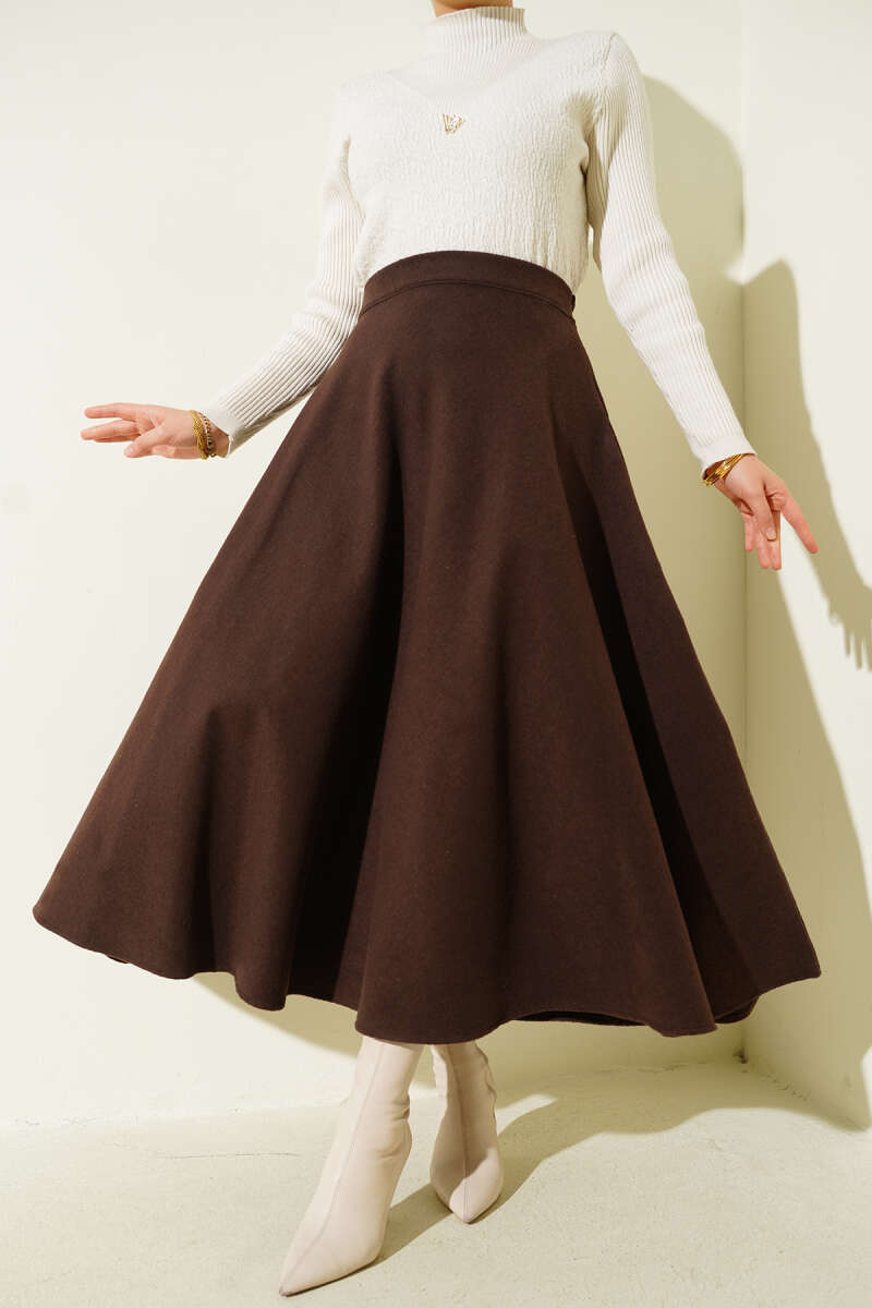 High-Waisted Flared Wool Blend Skirt with Elastic Waistband Brown