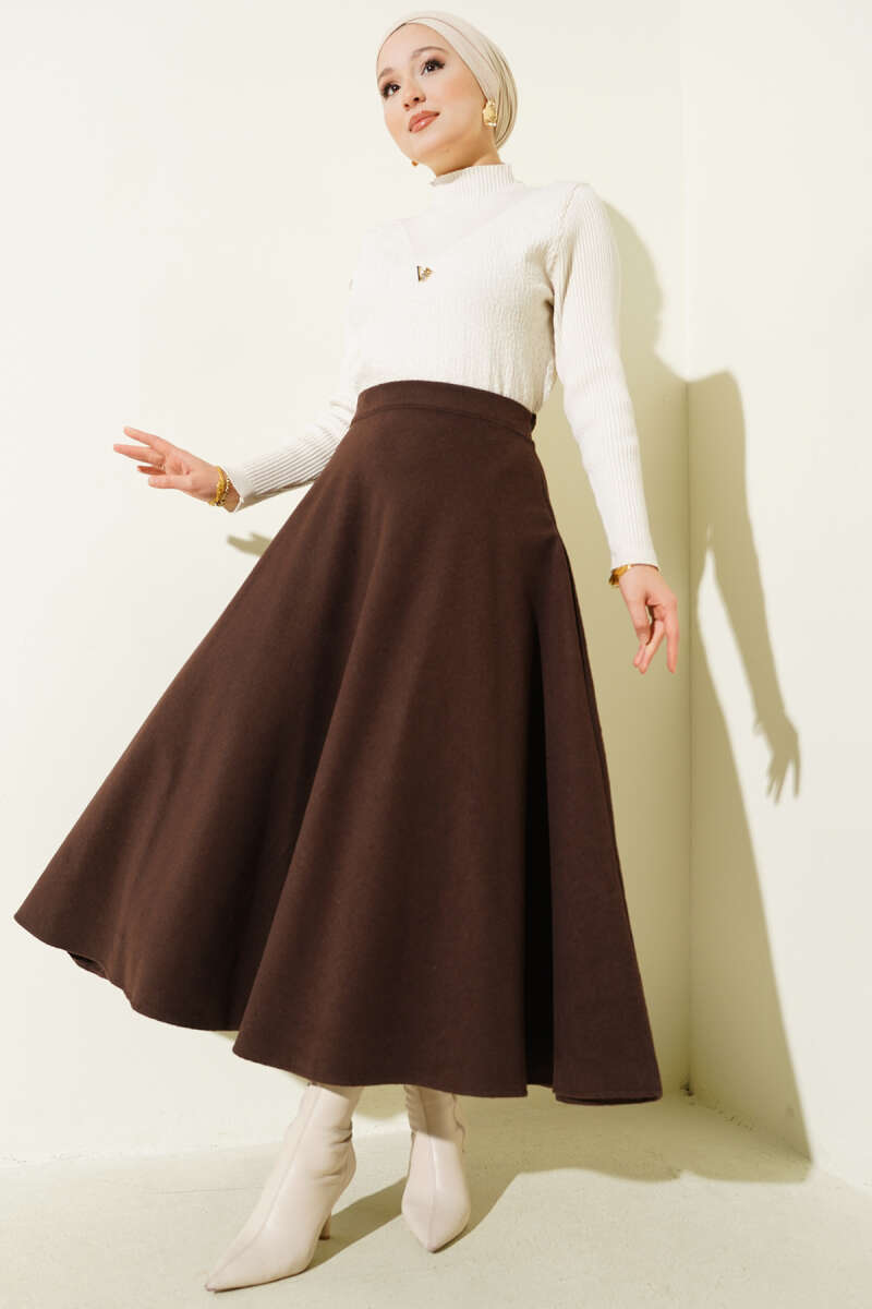 High-Waisted Flared Wool Blend Skirt with Elastic Waistband Brown – Image 2