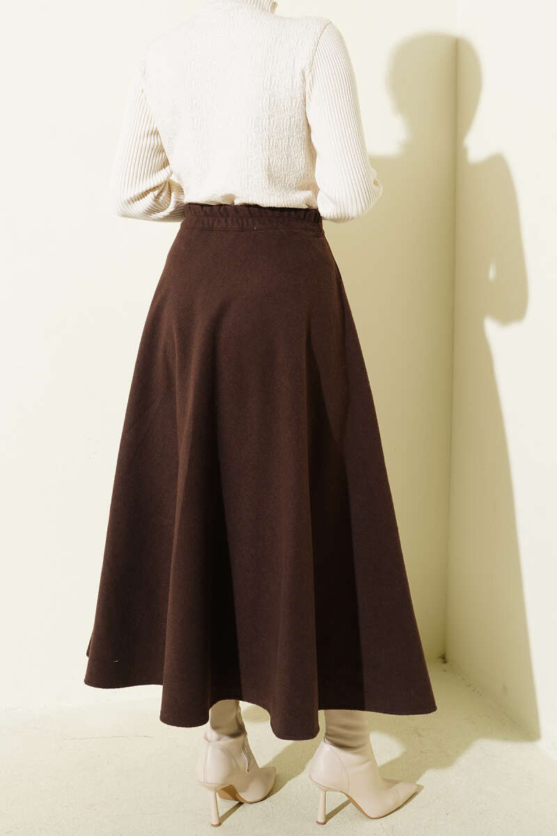 High-Waisted Flared Wool Blend Skirt with Elastic Waistband Brown – Image 3