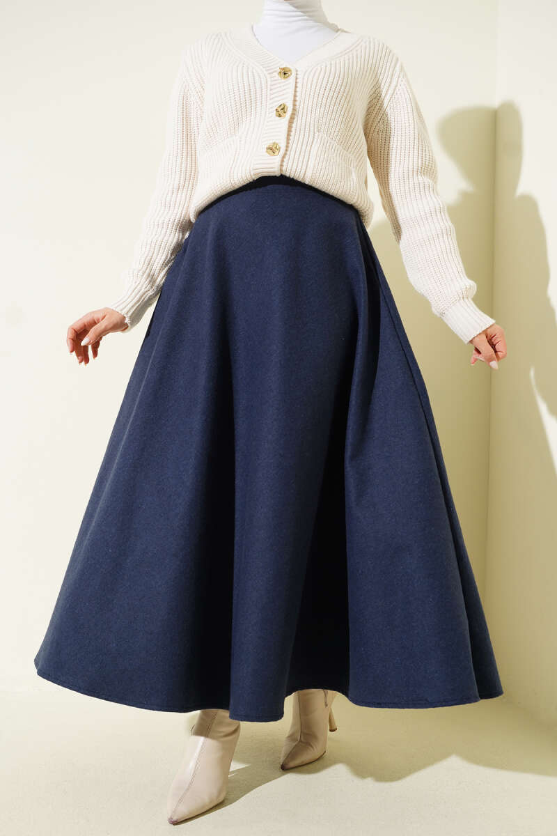 High-Waisted Flared Wool Blend Skirt with Elastic Waistband Navy Blue