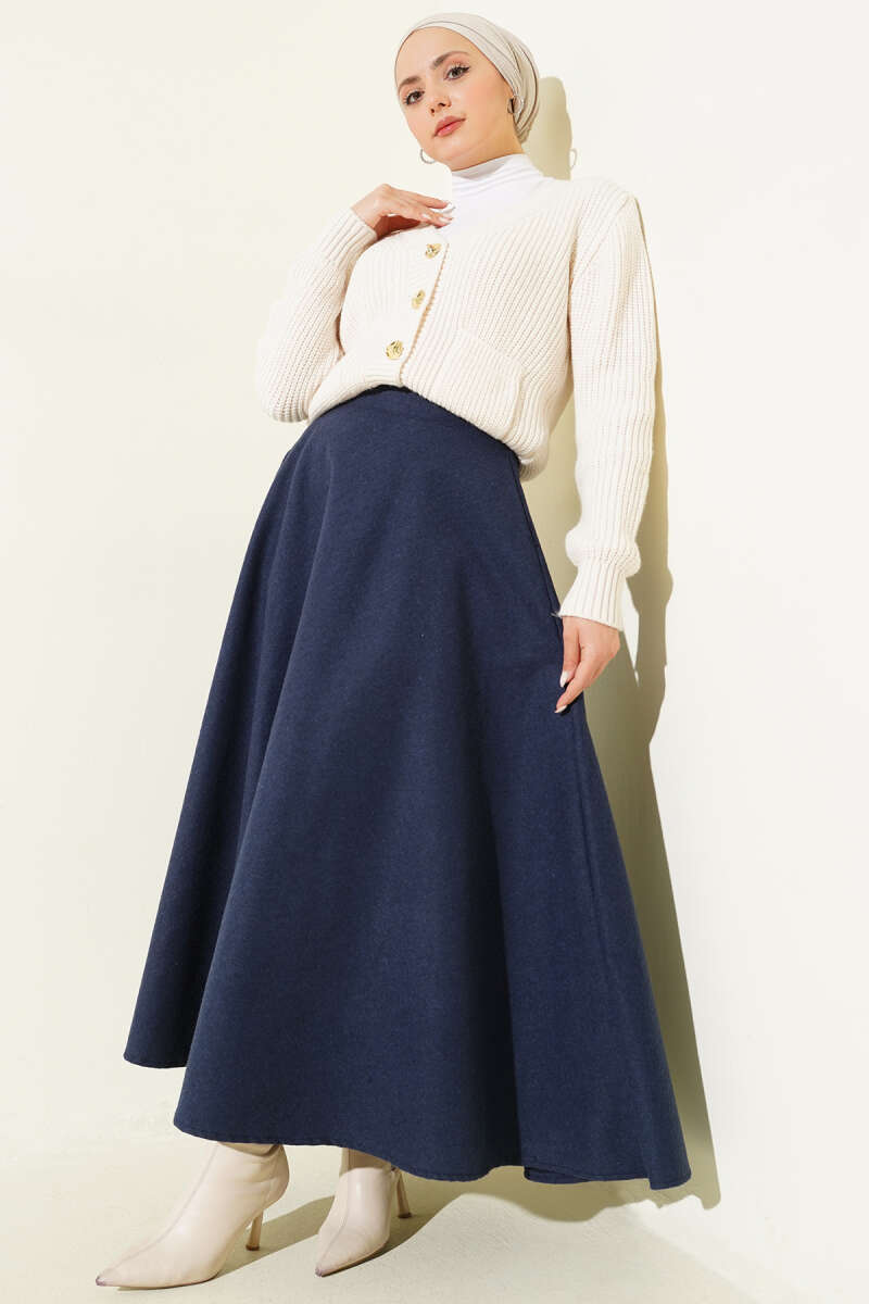 High-Waisted Flared Wool Blend Skirt with Elastic Waistband Navy Blue – Image 2