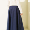 High-Waisted Flared Wool Blend Skirt with Elastic Waistband Navy Blue – Image 3