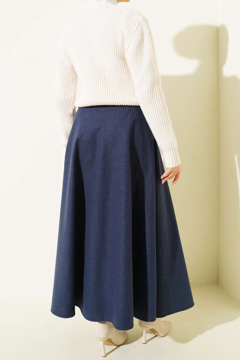 High-Waisted Flared Wool Blend Skirt with Elastic Waistband Navy Blue – Image 3