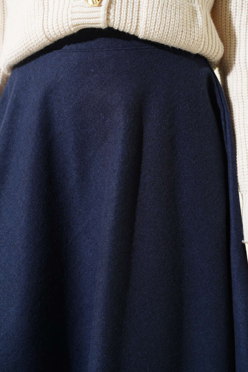 High-Waisted Flared Wool Blend Skirt with Elastic Waistband Navy Blue – Image 4