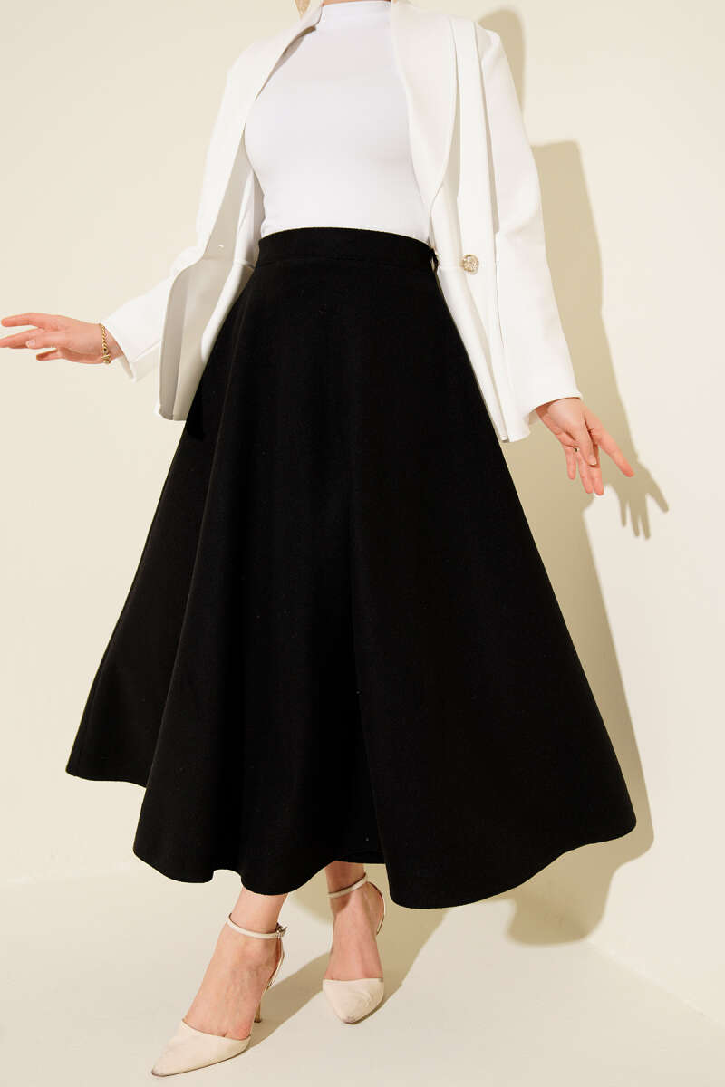 High-Waisted Flared Wool Blend Skirt with Elastic Waistband Black