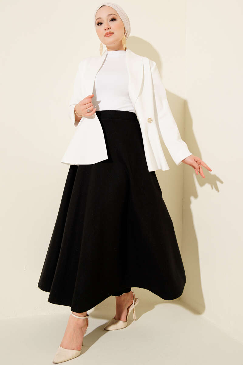 High-Waisted Flared Wool Blend Skirt with Elastic Waistband Black – Image 2