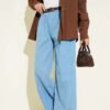 Belted Tassel Hem Denim Pants Denim Blue