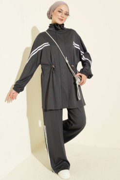Elastic Waistband Two-Piece Set with Stripe Details Smoke