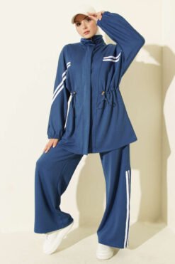 Elastic Waistband Two-Piece Set with Stripe Details Indigo