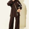Elastic Waistband Two-Piece Set with Stripe Details Brown