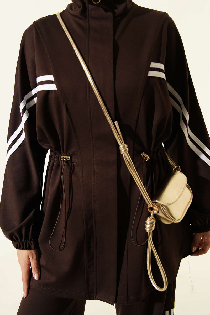 Elastic Waistband Two-Piece Set with Stripe Details Brown - Image 4