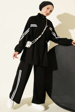 Elastic Waistband Two-Piece Set with Stripe Details Black