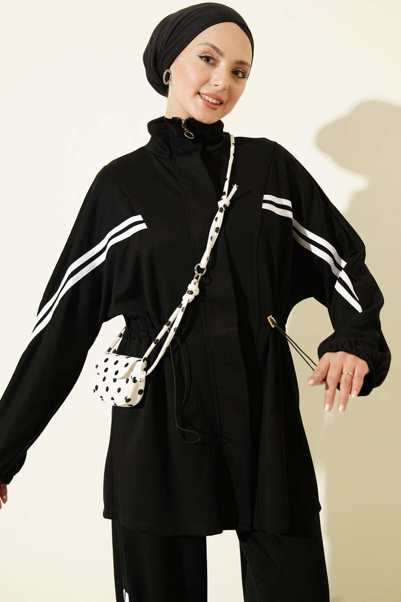 Elastic Waistband Two-Piece Set with Stripe Details Black - Image 2