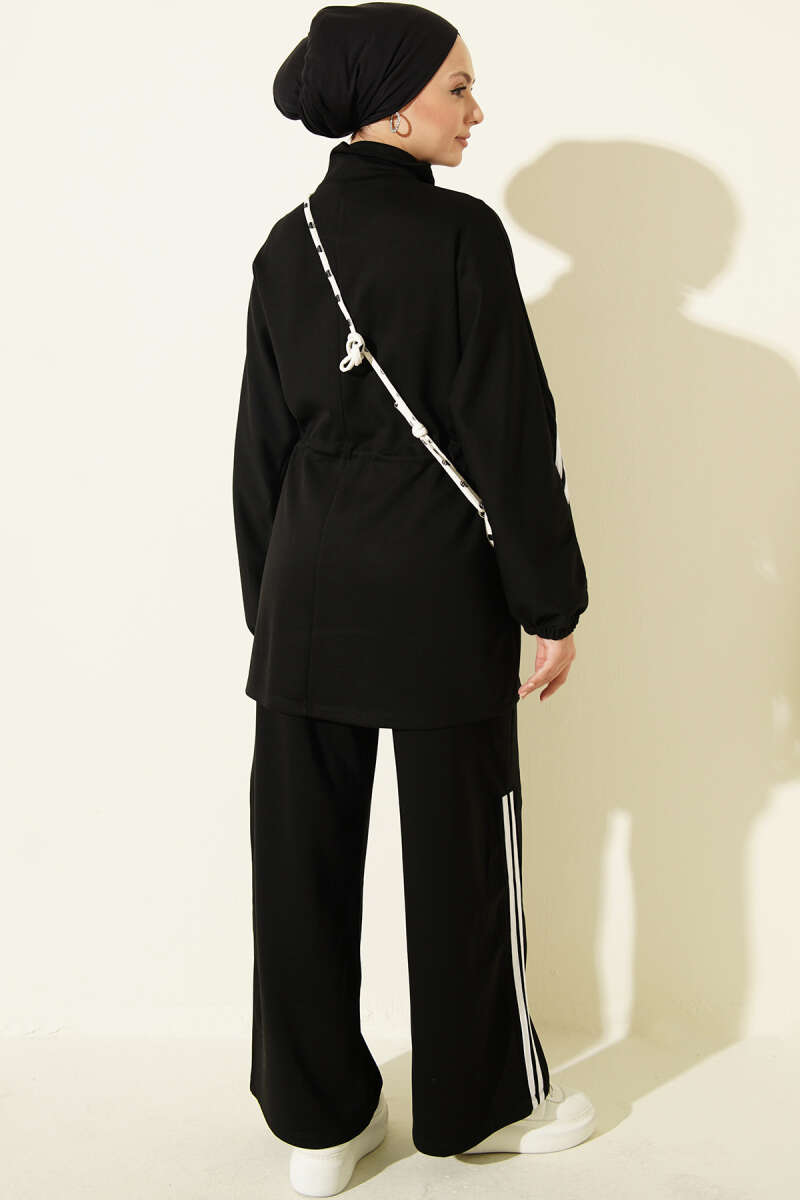 Elastic Waistband Two-Piece Set with Stripe Details Black - Image 4