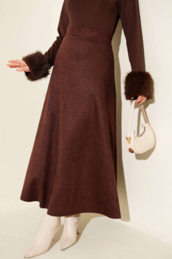 Belted Suede Flared Skirt Dark Brown