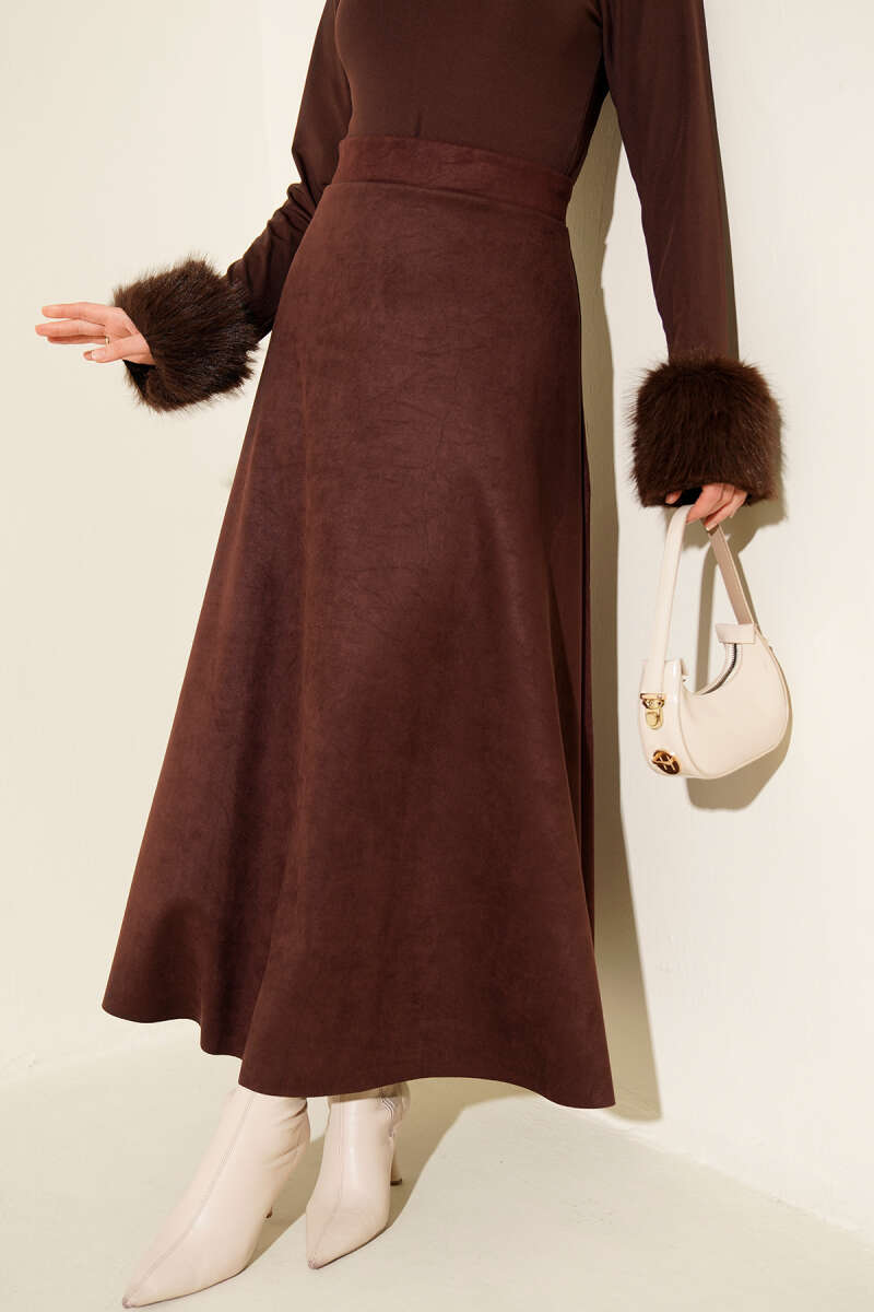 Belted Suede Flared Skirt Dark Brown