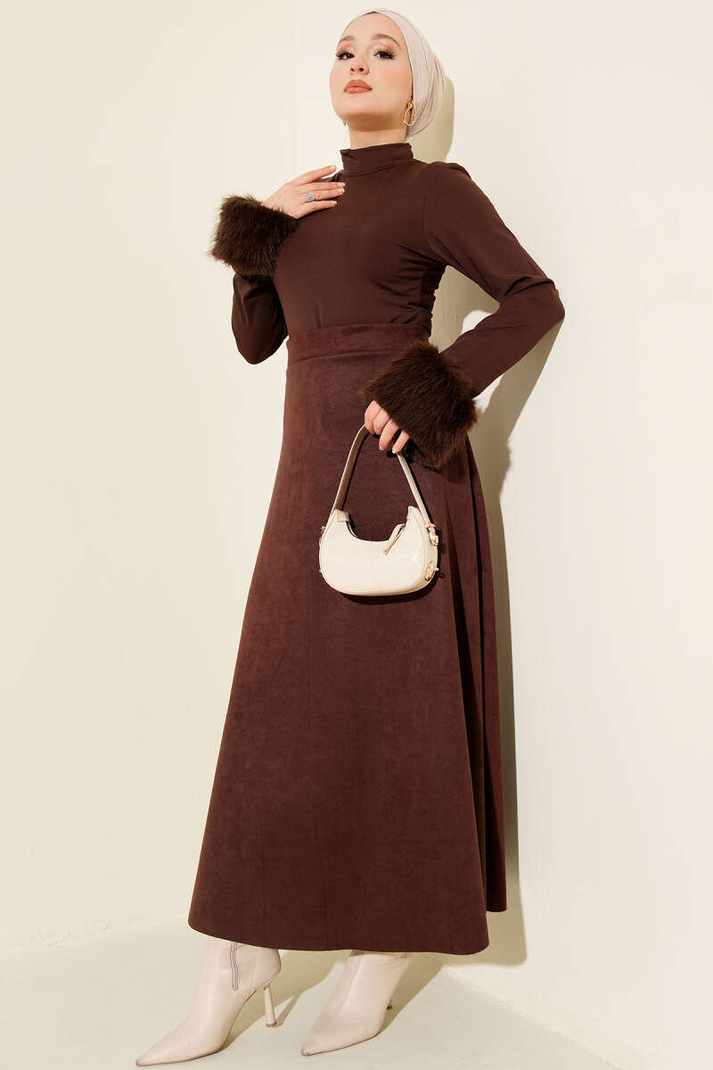 Belted Suede Flared Skirt Dark Brown – Image 2