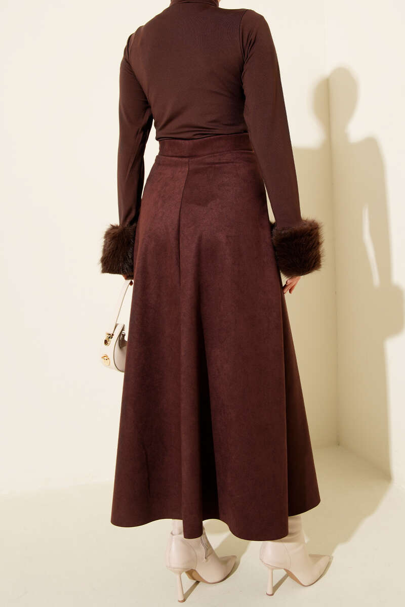 Belted Suede Flared Skirt Dark Brown – Image 3