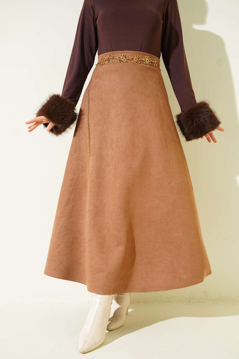 Belted Suede Flared Skirt Dark Brown – Image 5