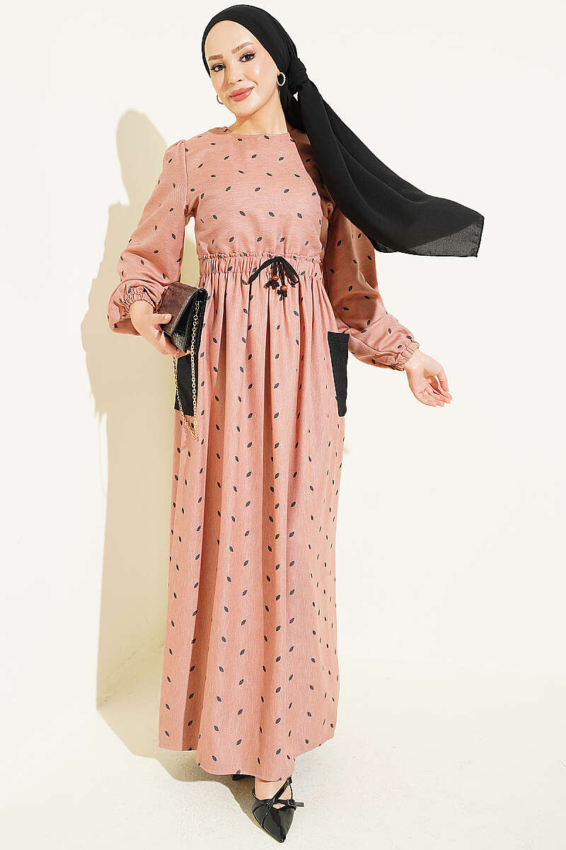 Leaf Print Dress with Elastic Waistband Camel